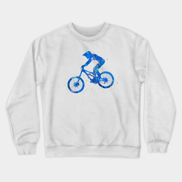 Downhill mountain bike jump blue watercolor Crewneck Sweatshirt by Yahya Art